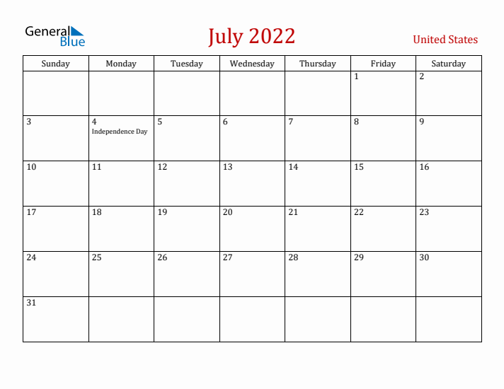United States July 2022 Calendar - Sunday Start