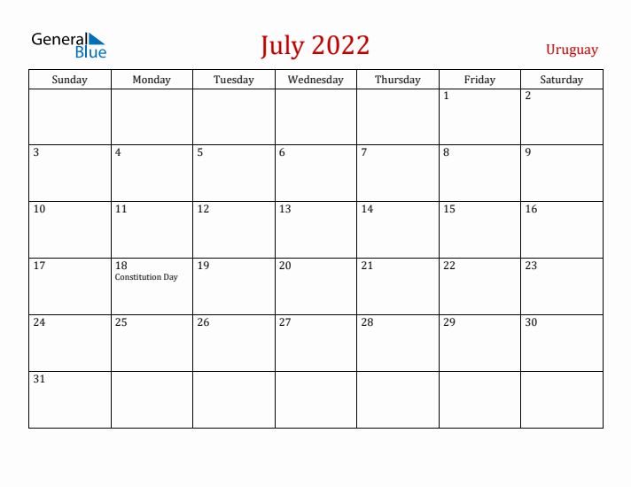 Uruguay July 2022 Calendar - Sunday Start