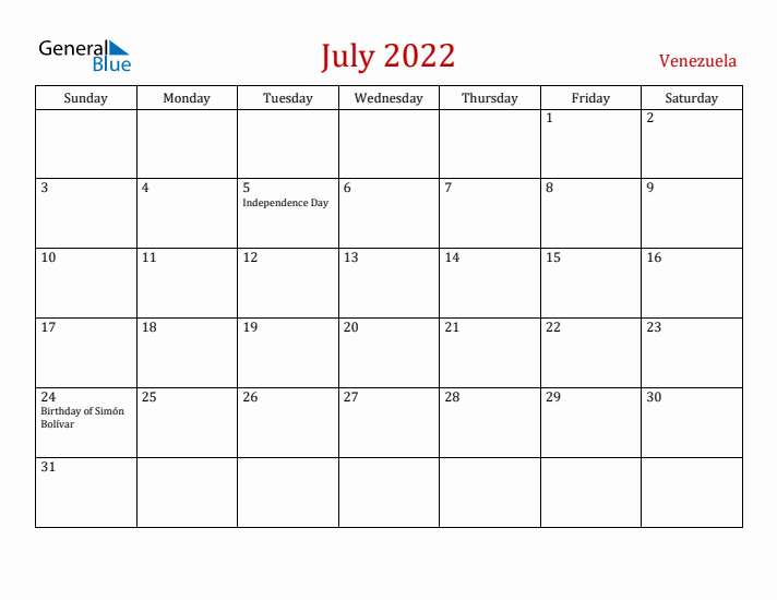 Venezuela July 2022 Calendar - Sunday Start