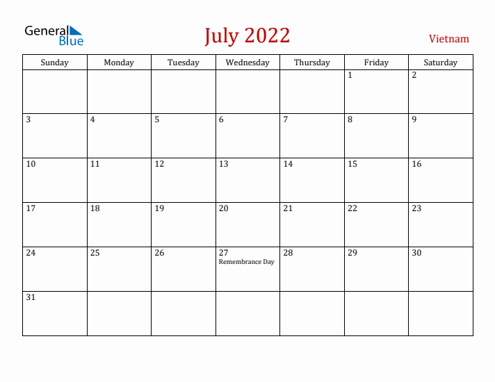 Vietnam July 2022 Calendar - Sunday Start