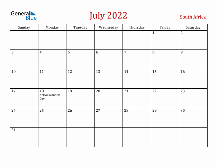 South Africa July 2022 Calendar - Sunday Start