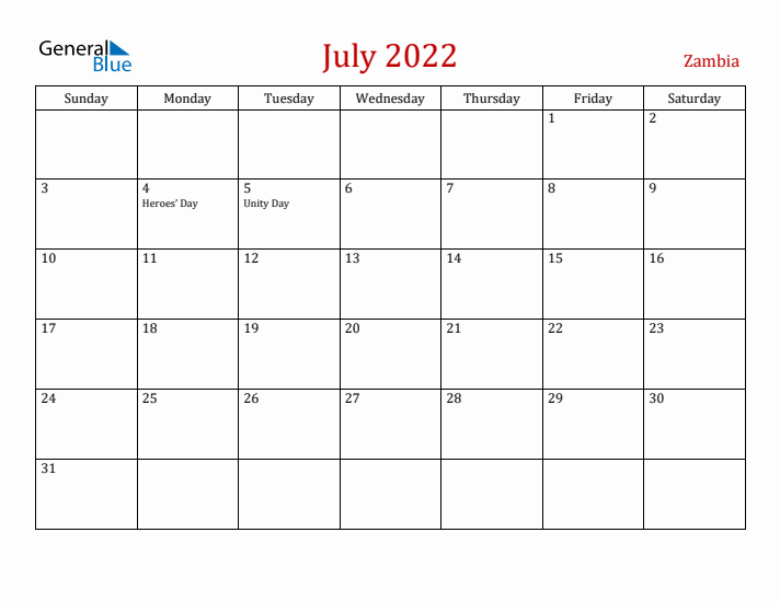 Zambia July 2022 Calendar - Sunday Start