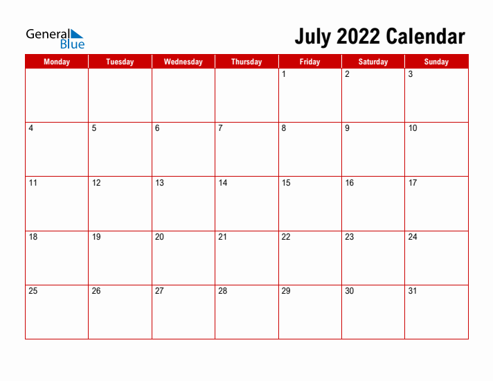 Simple Monthly Calendar - July 2022