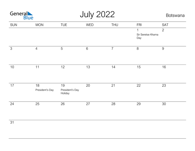 Printable July 2022 Calendar for Botswana