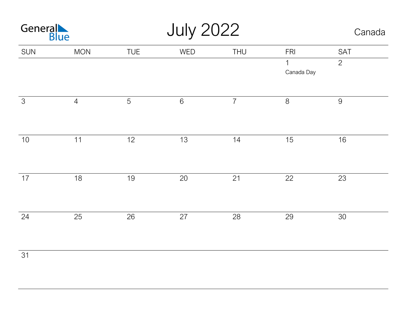 july 2022 calendar canada