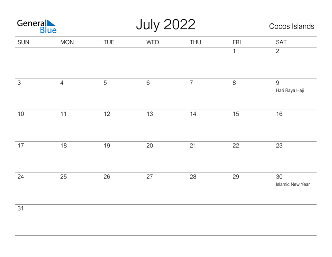 Printable July 2022 Calendar for Cocos Islands