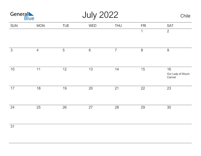 Printable July 2022 Calendar for Chile