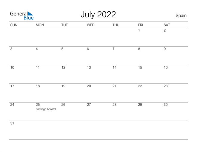 Spain July 2022 Calendar With Holidays