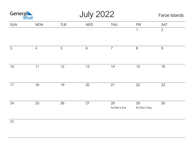 Printable July 2022 Calendar for Faroe Islands