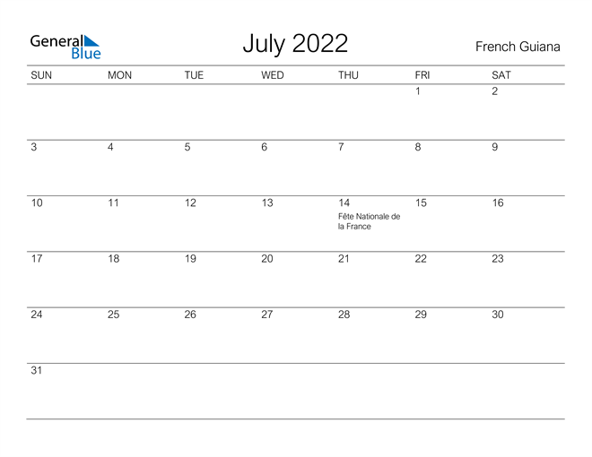 Printable July 2022 Calendar for French Guiana