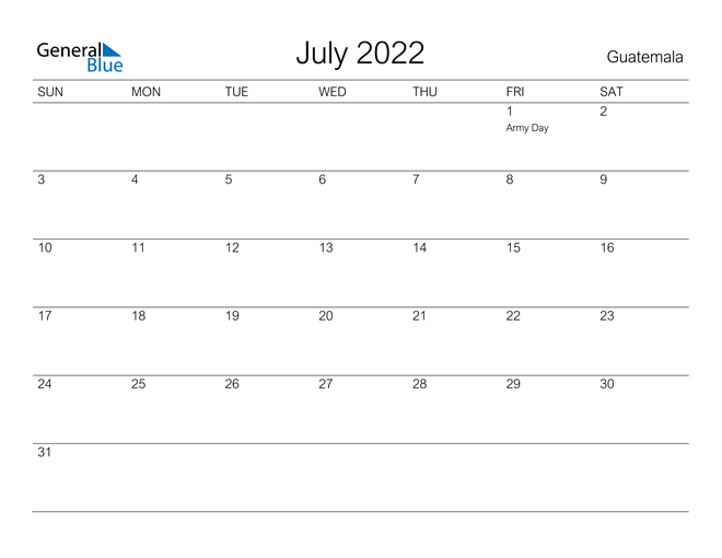 Printable July 2022 Calendar for Guatemala