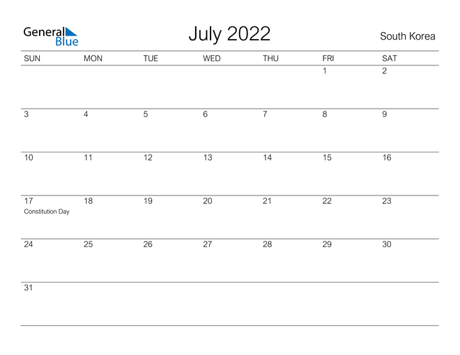Printable July 2022 Calendar for South Korea