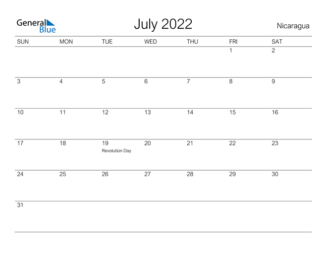 Printable July 2022 Calendar for Nicaragua