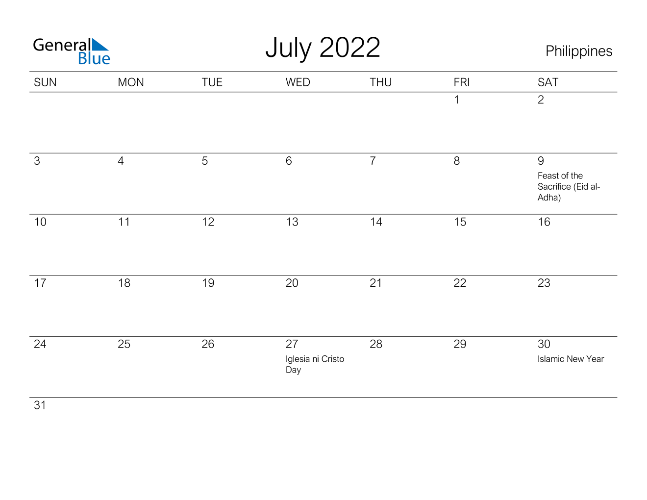 july 2022 calendar philippines