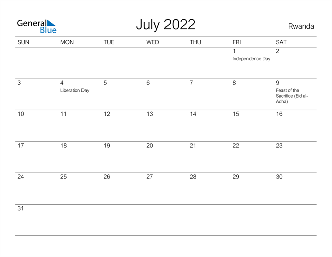 Printable July 2022 Calendar for Rwanda
