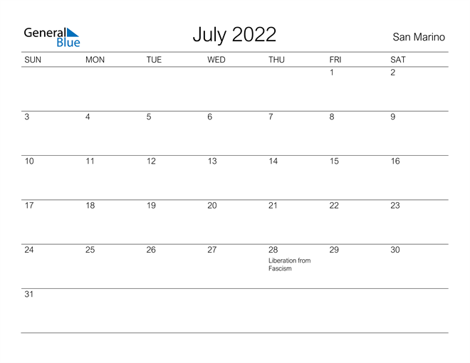 Printable July 2022 Calendar for San Marino