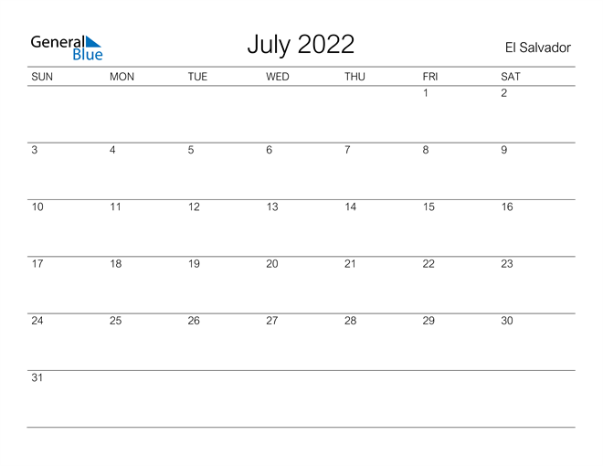 Printable July 2022 Calendar for El Salvador