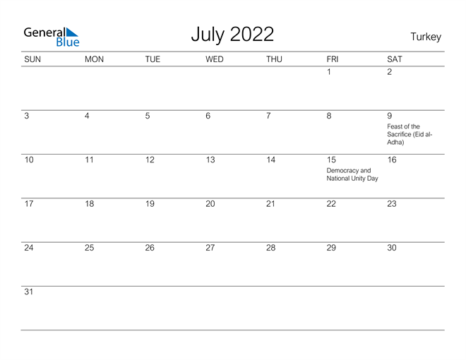Printable July 2022 Calendar for Turkey