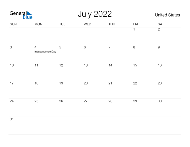 united states july 2022 calendar with holidays