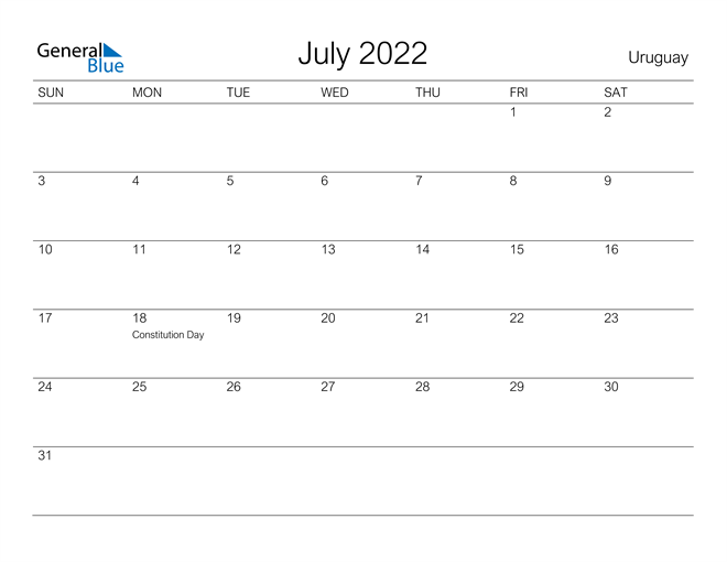 Printable July 2022 Calendar for Uruguay