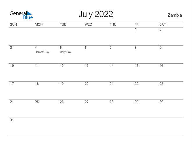 zambia july 2022 calendar with holidays