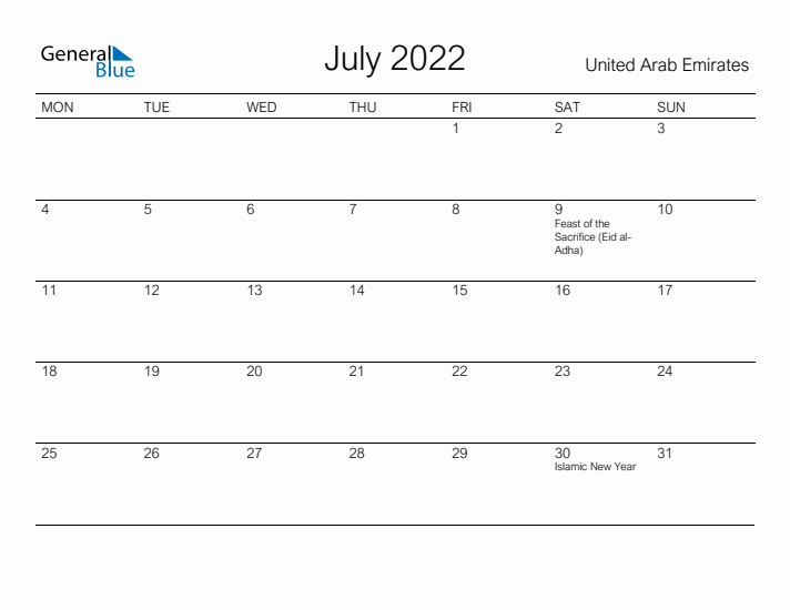 Printable July 2022 Calendar for United Arab Emirates