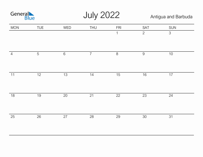 Printable July 2022 Calendar for Antigua and Barbuda