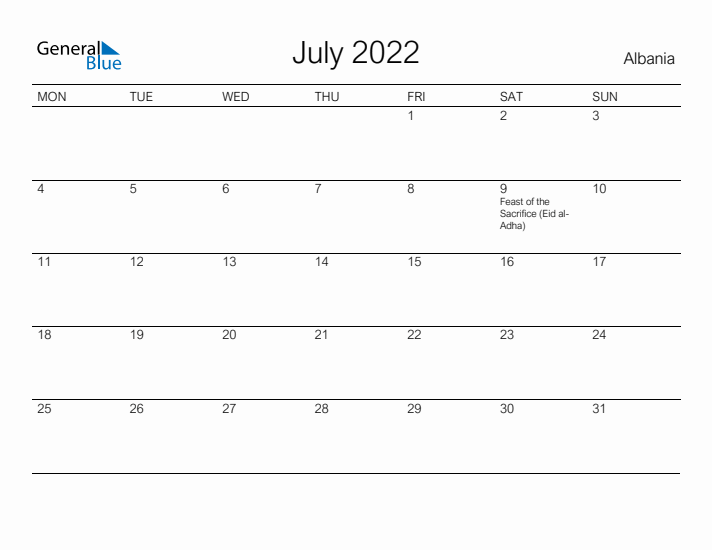 Printable July 2022 Calendar for Albania