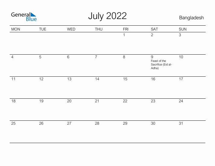 Printable July 2022 Calendar for Bangladesh