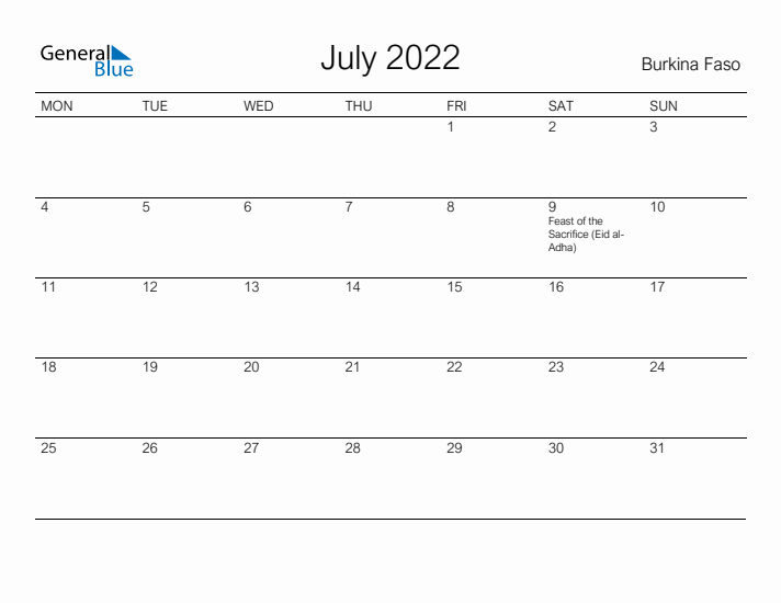 Printable July 2022 Calendar for Burkina Faso