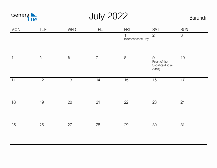 Printable July 2022 Calendar for Burundi