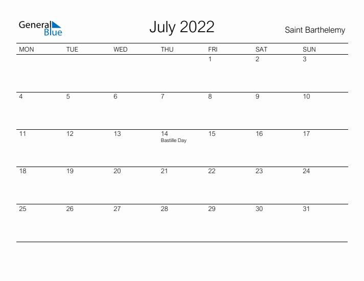 Printable July 2022 Calendar for Saint Barthelemy