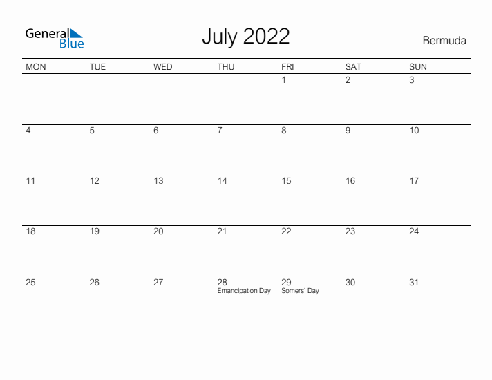Printable July 2022 Calendar for Bermuda