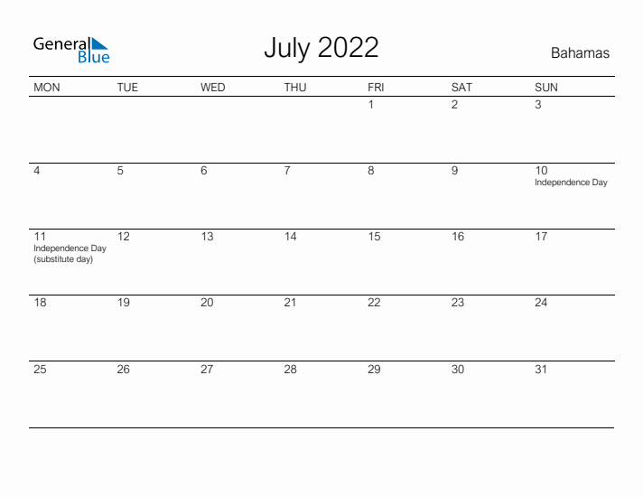 Printable July 2022 Calendar for Bahamas