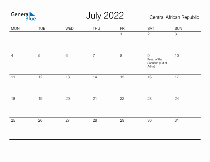 Printable July 2022 Calendar for Central African Republic