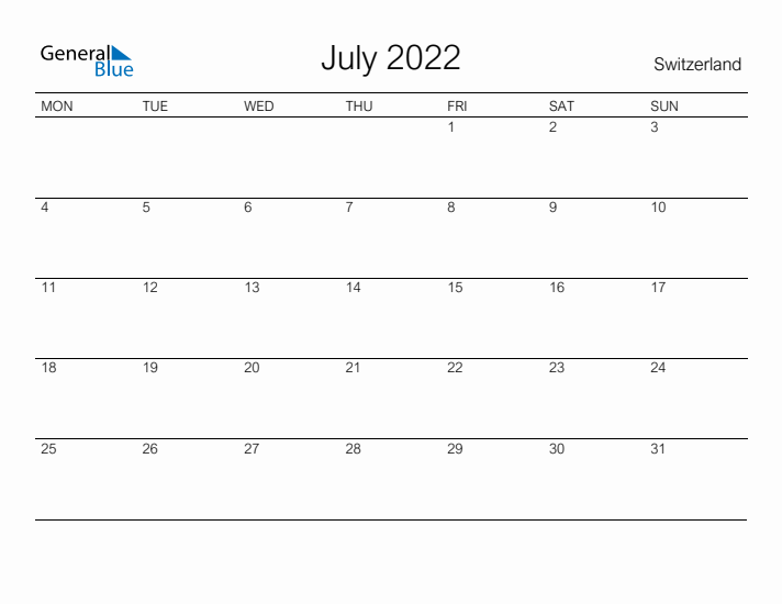 Printable July 2022 Calendar for Switzerland