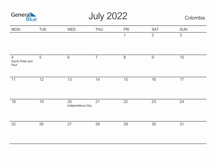 Printable July 2022 Calendar for Colombia