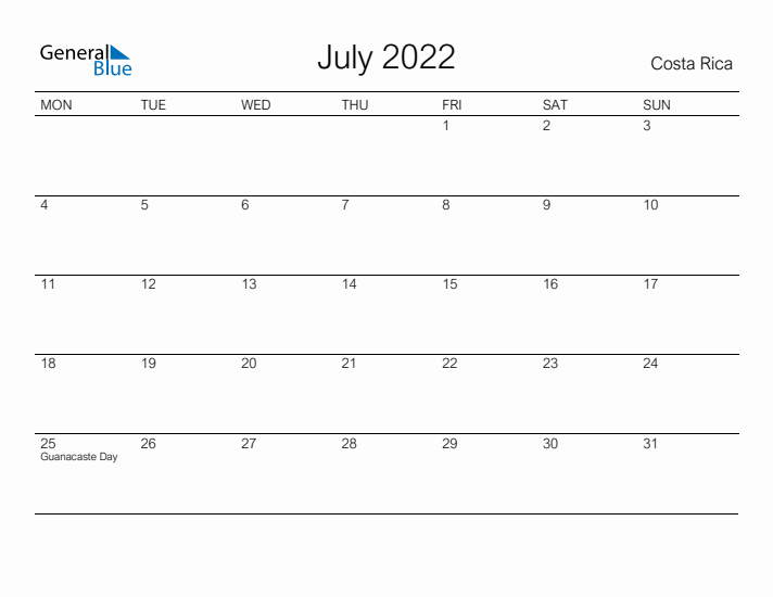 Printable July 2022 Calendar for Costa Rica