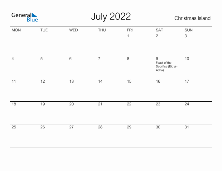 Printable July 2022 Calendar for Christmas Island