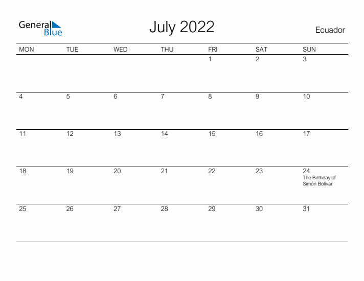 Printable July 2022 Calendar for Ecuador