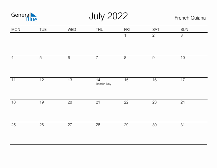 Printable July 2022 Calendar for French Guiana