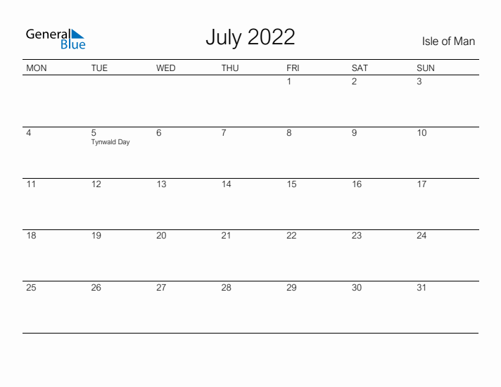 Printable July 2022 Calendar for Isle of Man