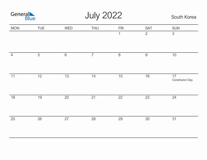 Printable July 2022 Calendar for South Korea