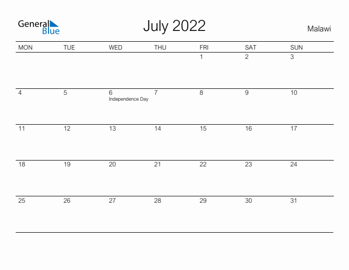 Printable July 2022 Calendar for Malawi