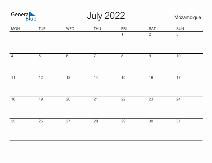 Printable July 2022 Calendar for Mozambique