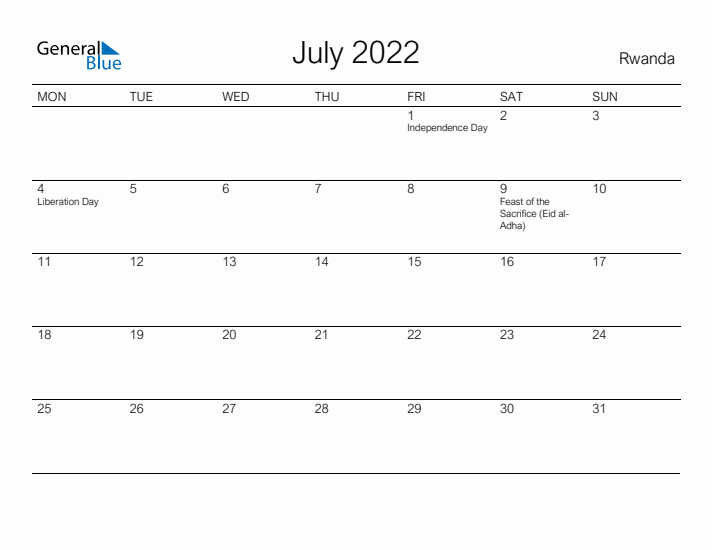 Printable July 2022 Calendar for Rwanda