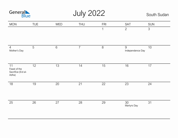 Printable July 2022 Calendar for South Sudan