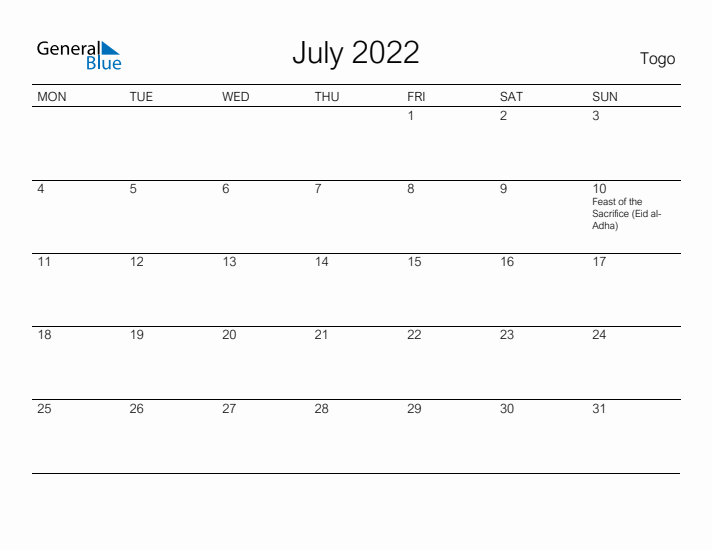 Printable July 2022 Calendar for Togo