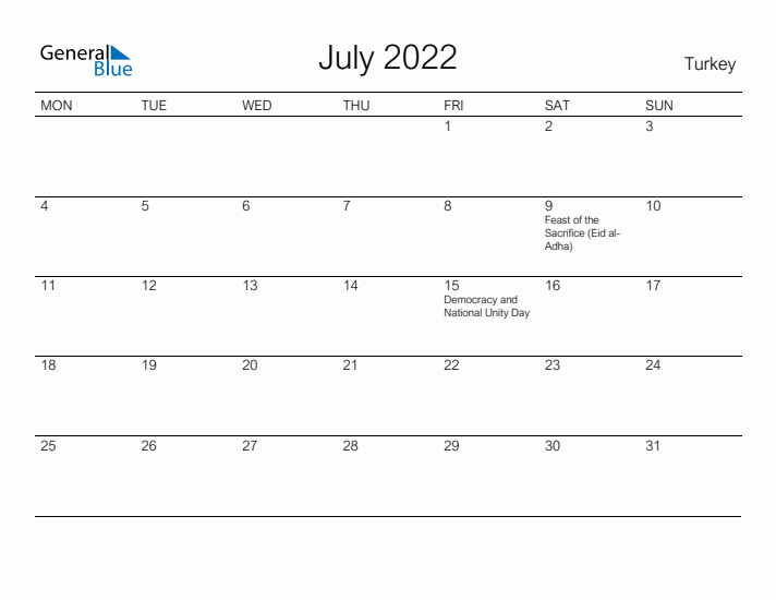 Printable July 2022 Calendar for Turkey