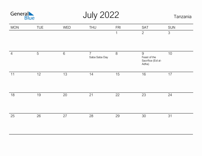 Printable July 2022 Calendar for Tanzania